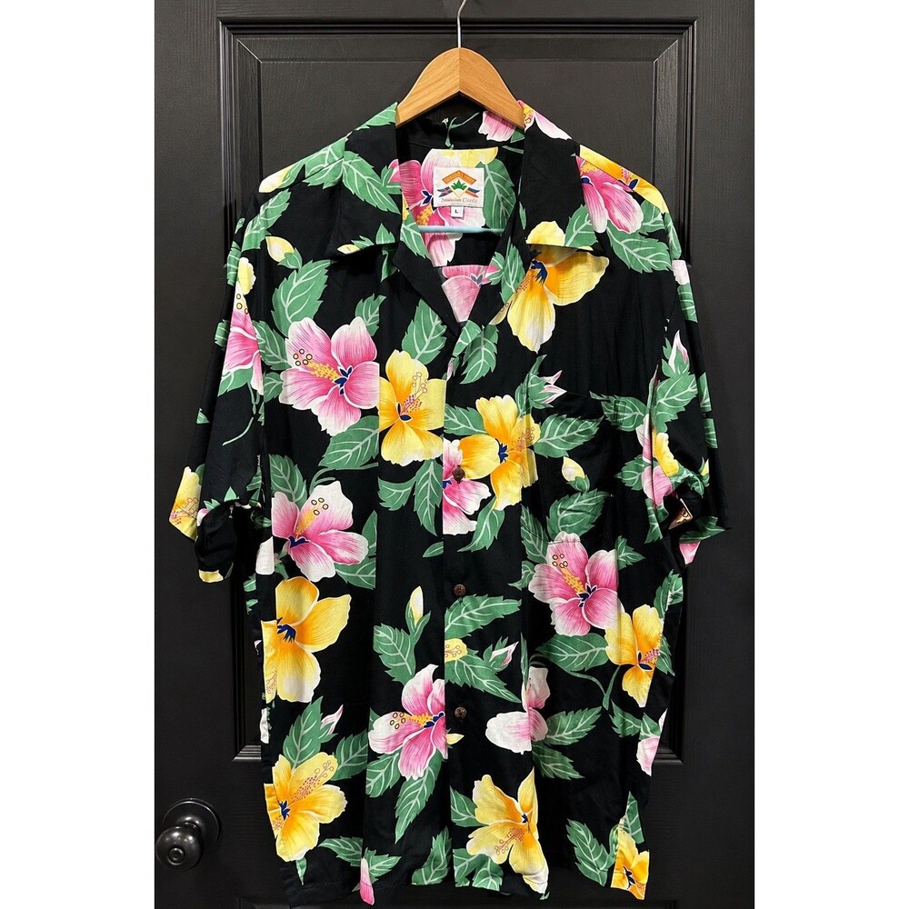 Vintage Pineapple Juice Hawaiian Shirt Mens L Black Hibiscus Rayon Made Hawaii